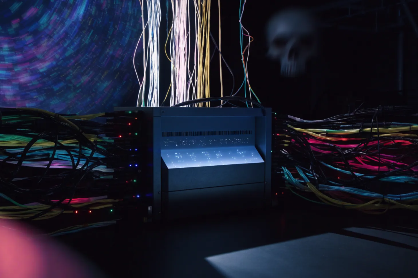 A Tor relay server illuminated by neon lights in a dark room