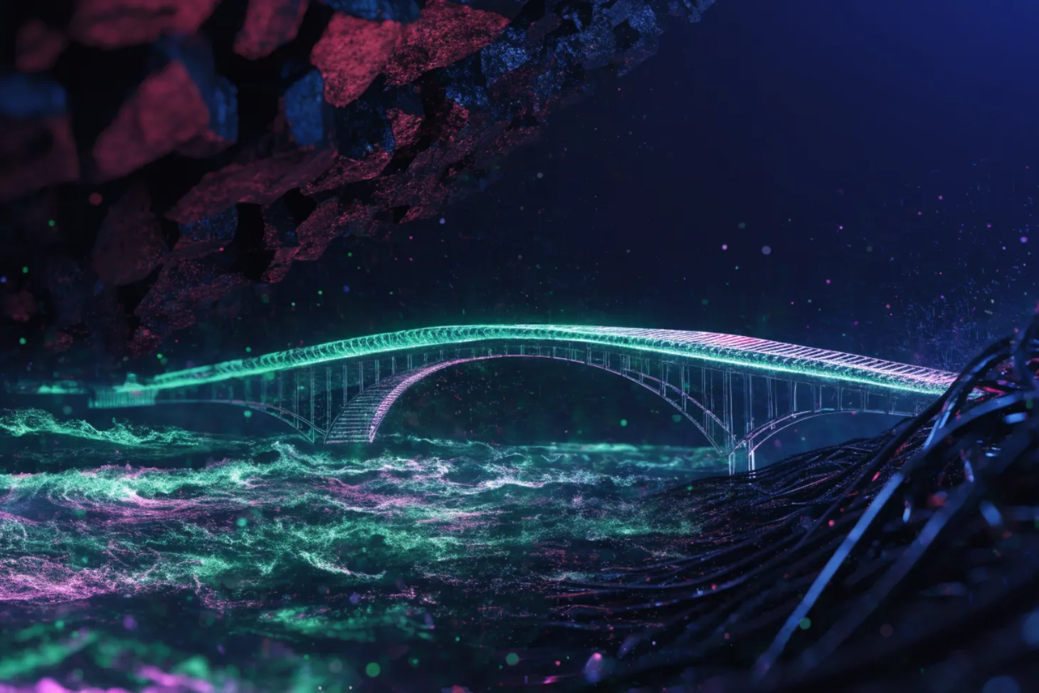A neon-lit obfs4 bridge over a digital river symbolizing online privacy.