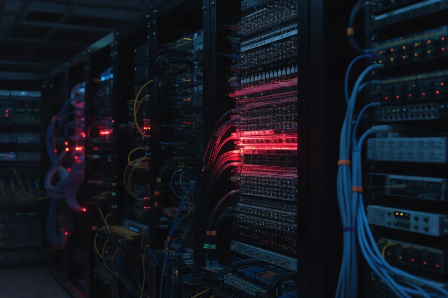 A server rack with neon lights showing monitoring metrics for Tor relays.