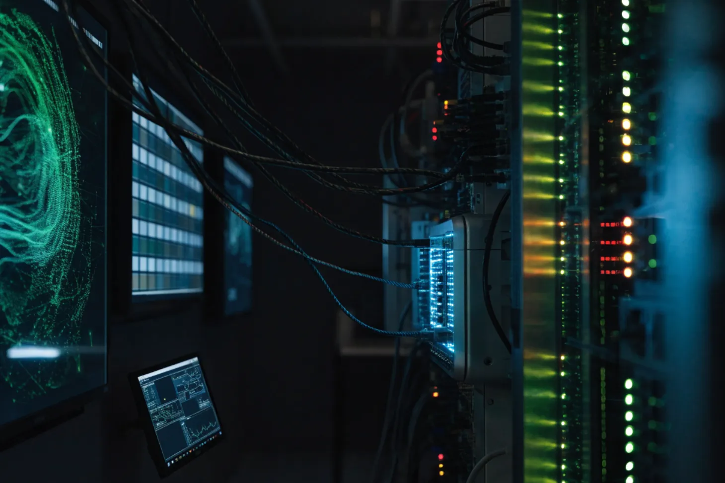 A server room with a glowing Tor relay setup and monitoring tools.